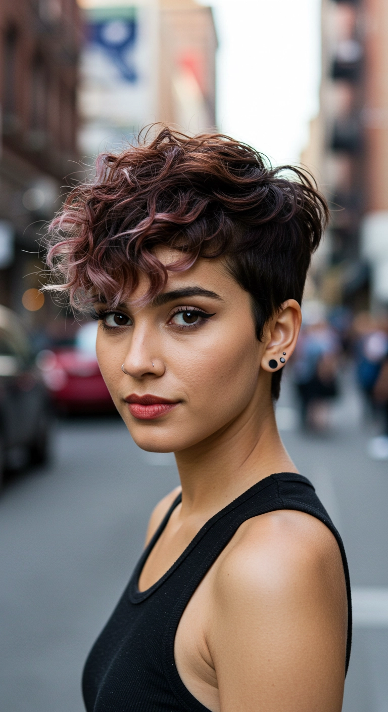 Curly Tapered Pixie with Dusty Rose Highlights