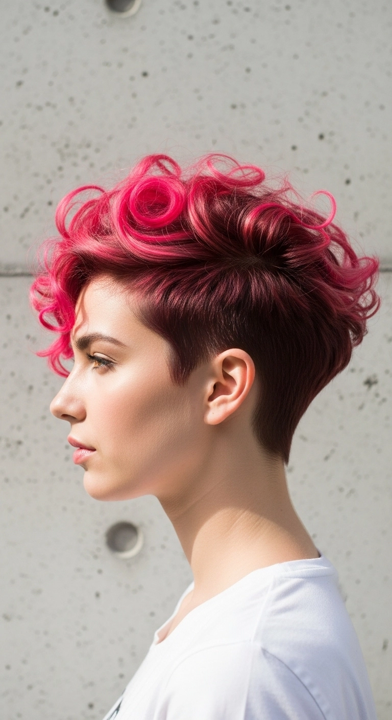 Vibrant Magenta Curly Pixie Cut with Tapered Undercut