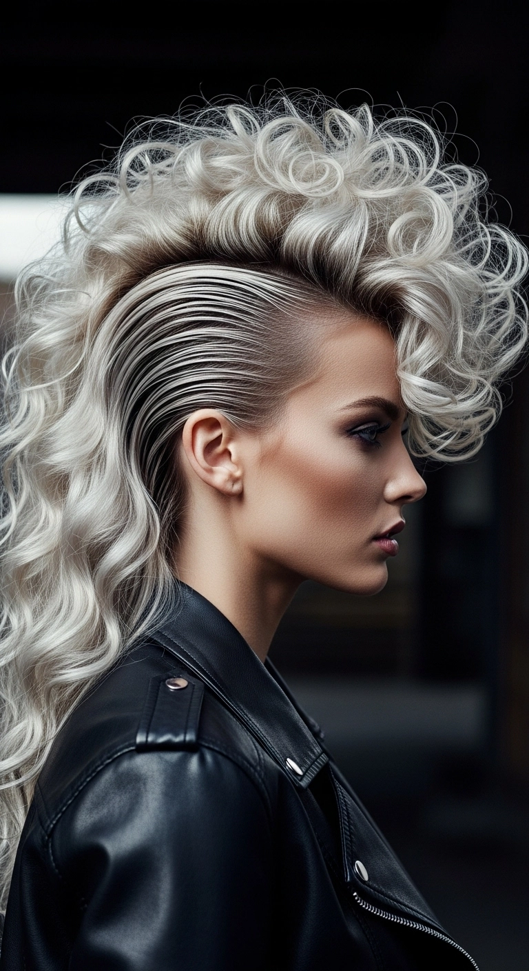 Platinum Blonde Curly Glam Rock Faux Hawk