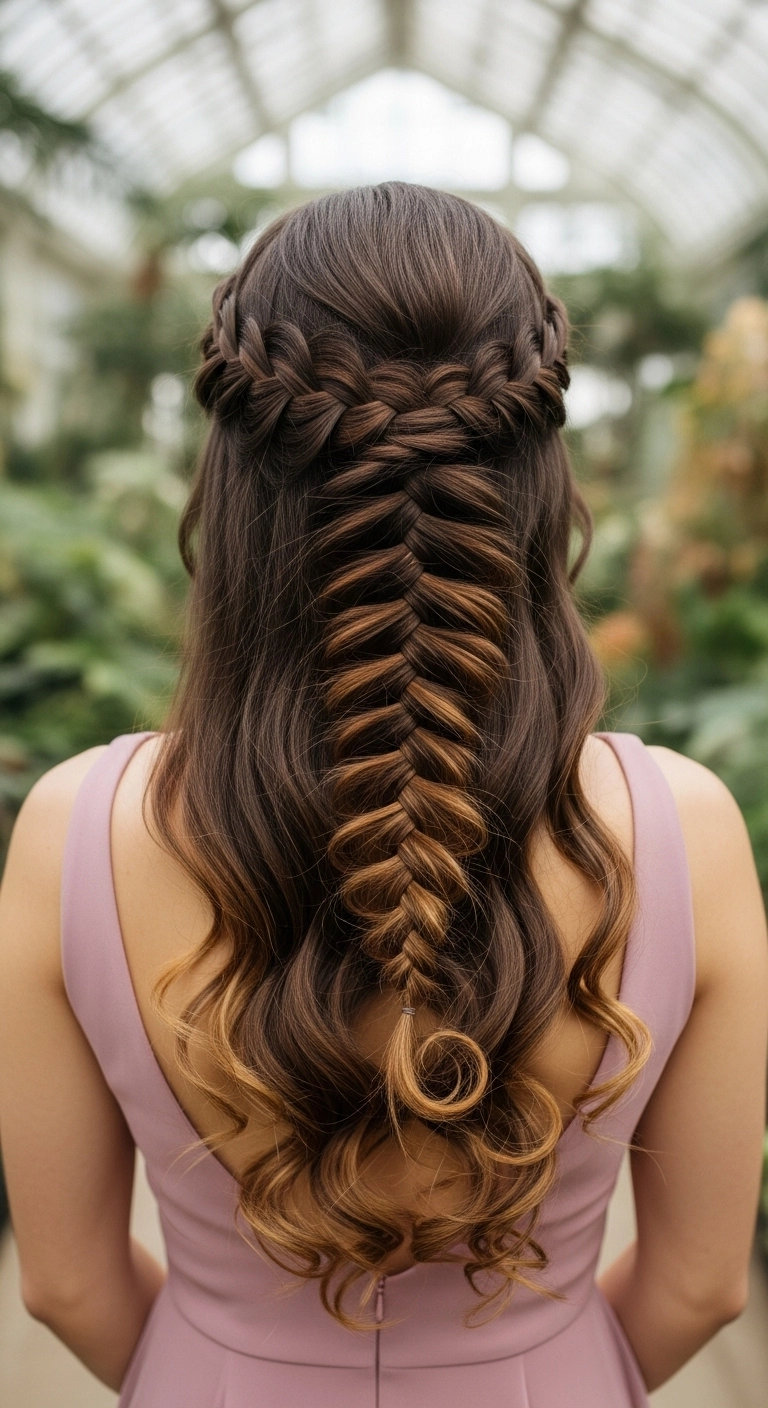 Romantic Half-Up Fishtail Crown Braid with Warm Balayage