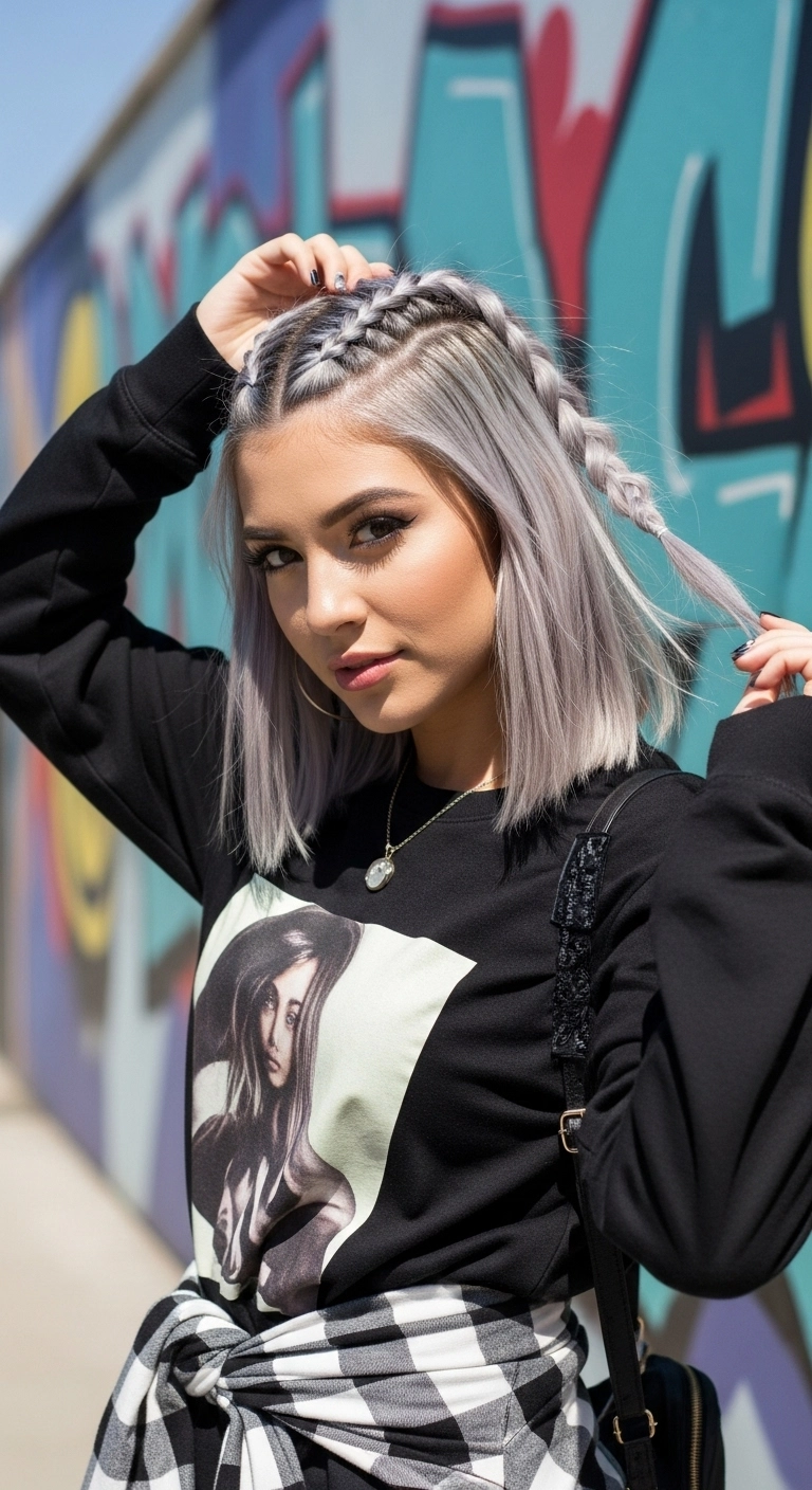 Metallic Silver Blunt Lob with Twin Dutch Crown Braids