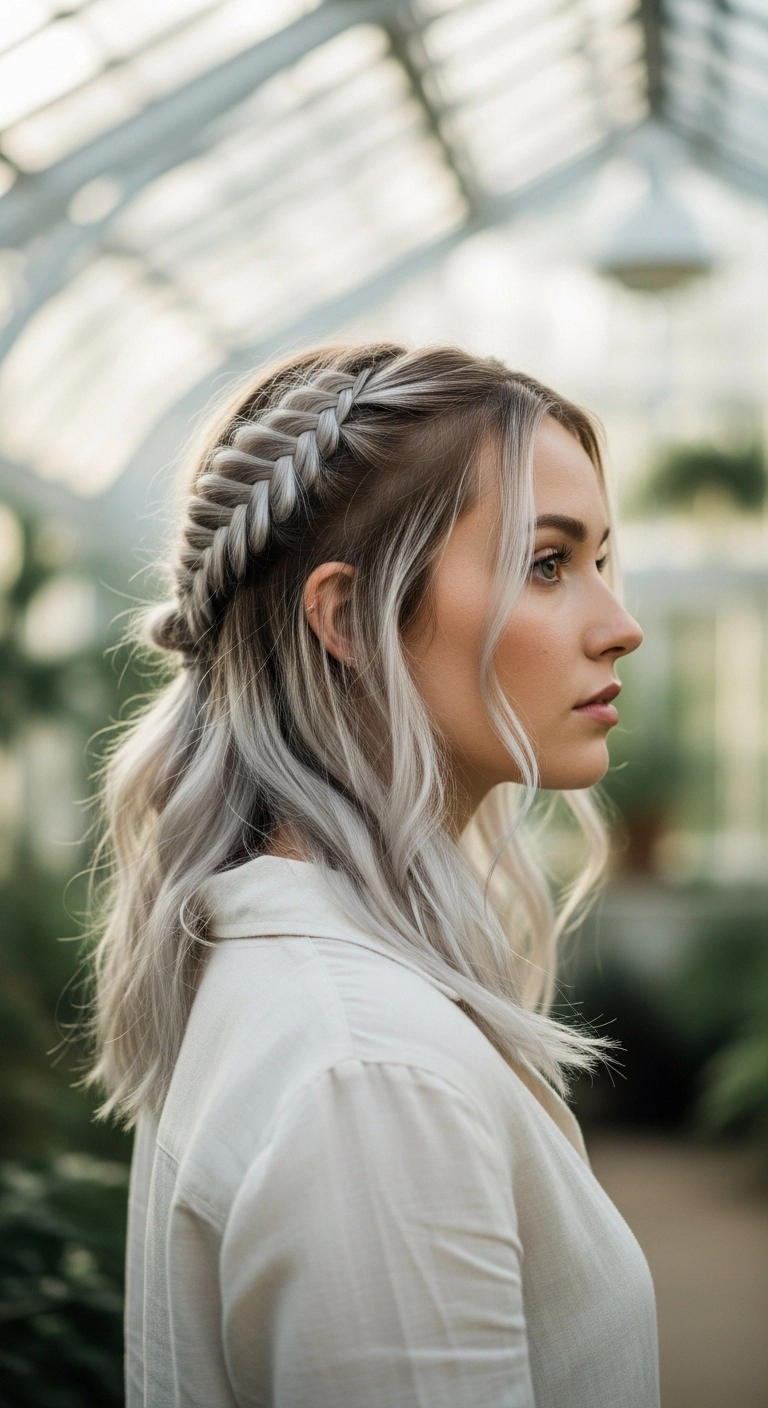 Icy Platinum Half-Up Crown Braid with Soft Waves