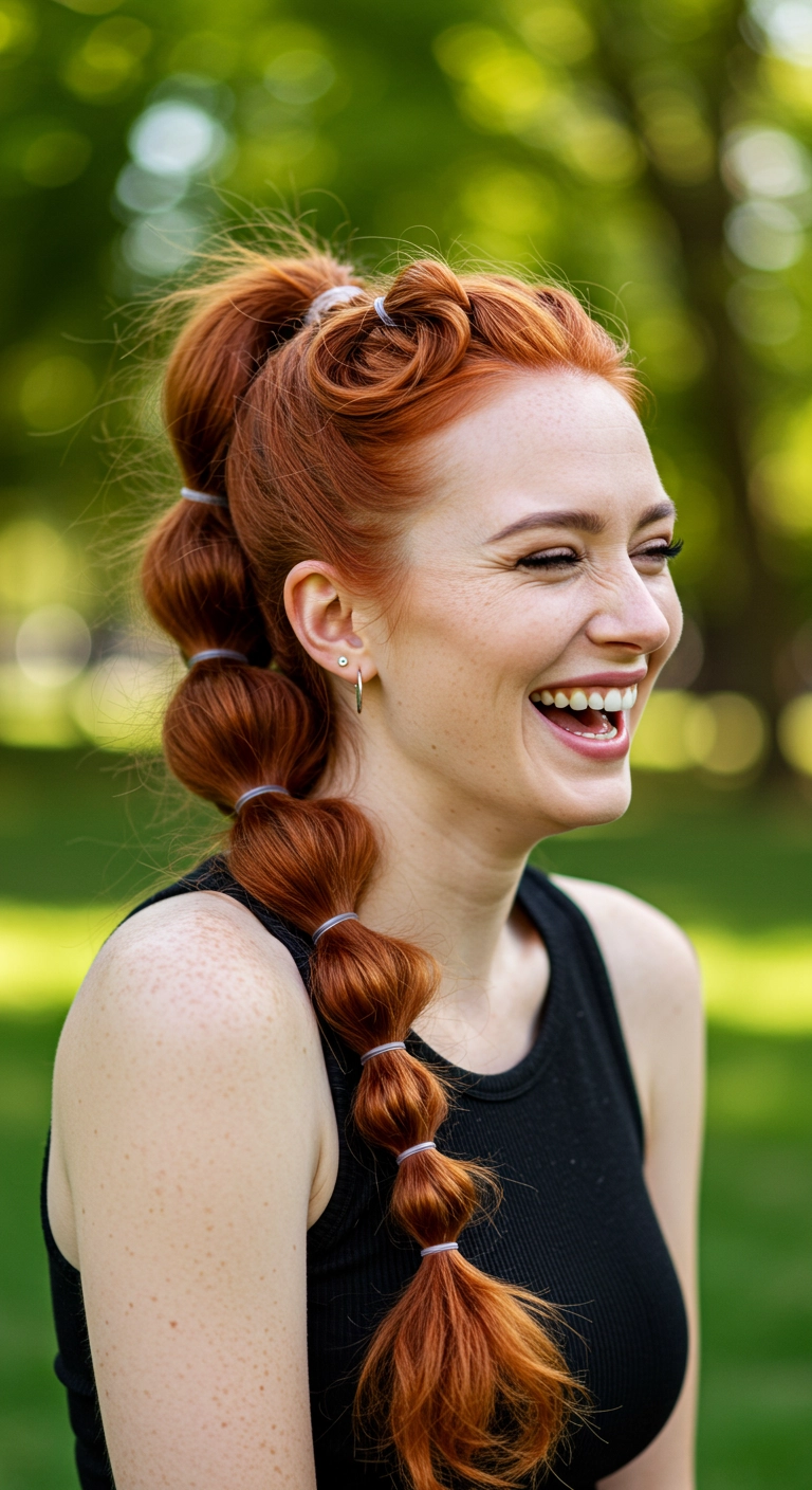 Vibrant Copper High Bubble Ponytail with Retro Front Roll