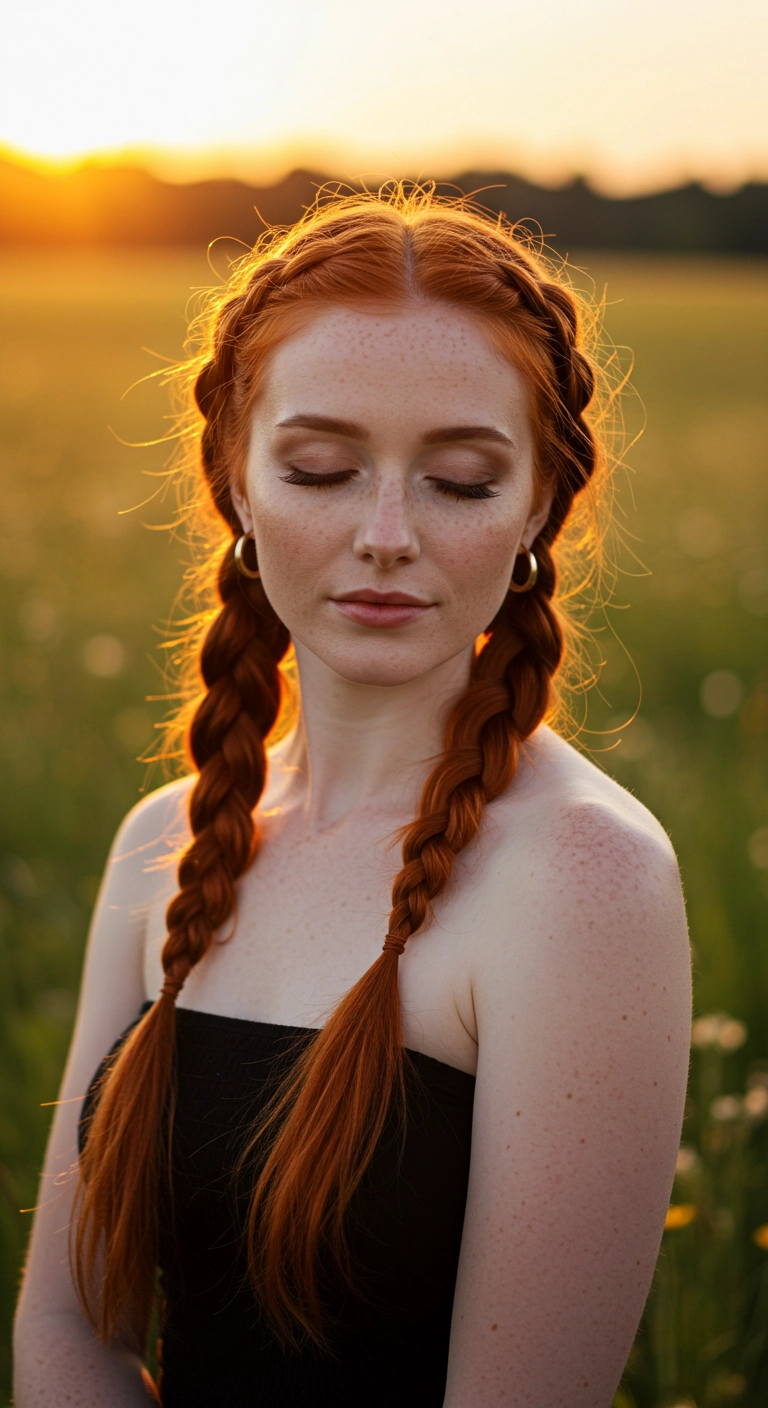 Classic Double Dutch Braids for Long Copper Hair