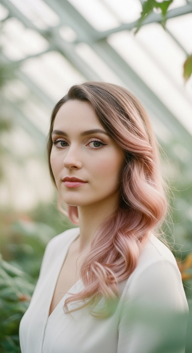 Soft Rose Gold Balayage Waves with Shadow Root