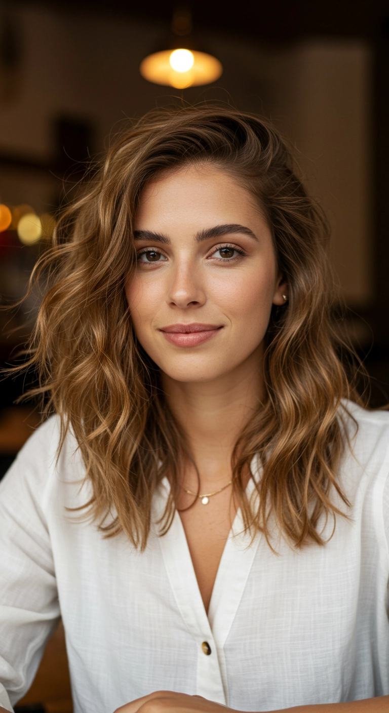 Sun-Kissed Caramel Wavy Lob with Face-Framing Layers