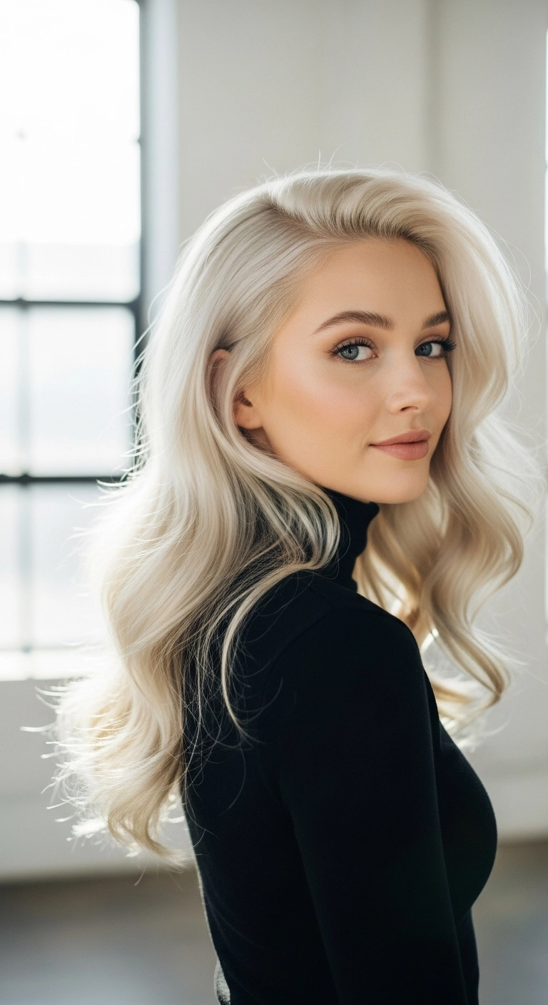 Voluminous Icy Platinum Blowout with Deep Side Part