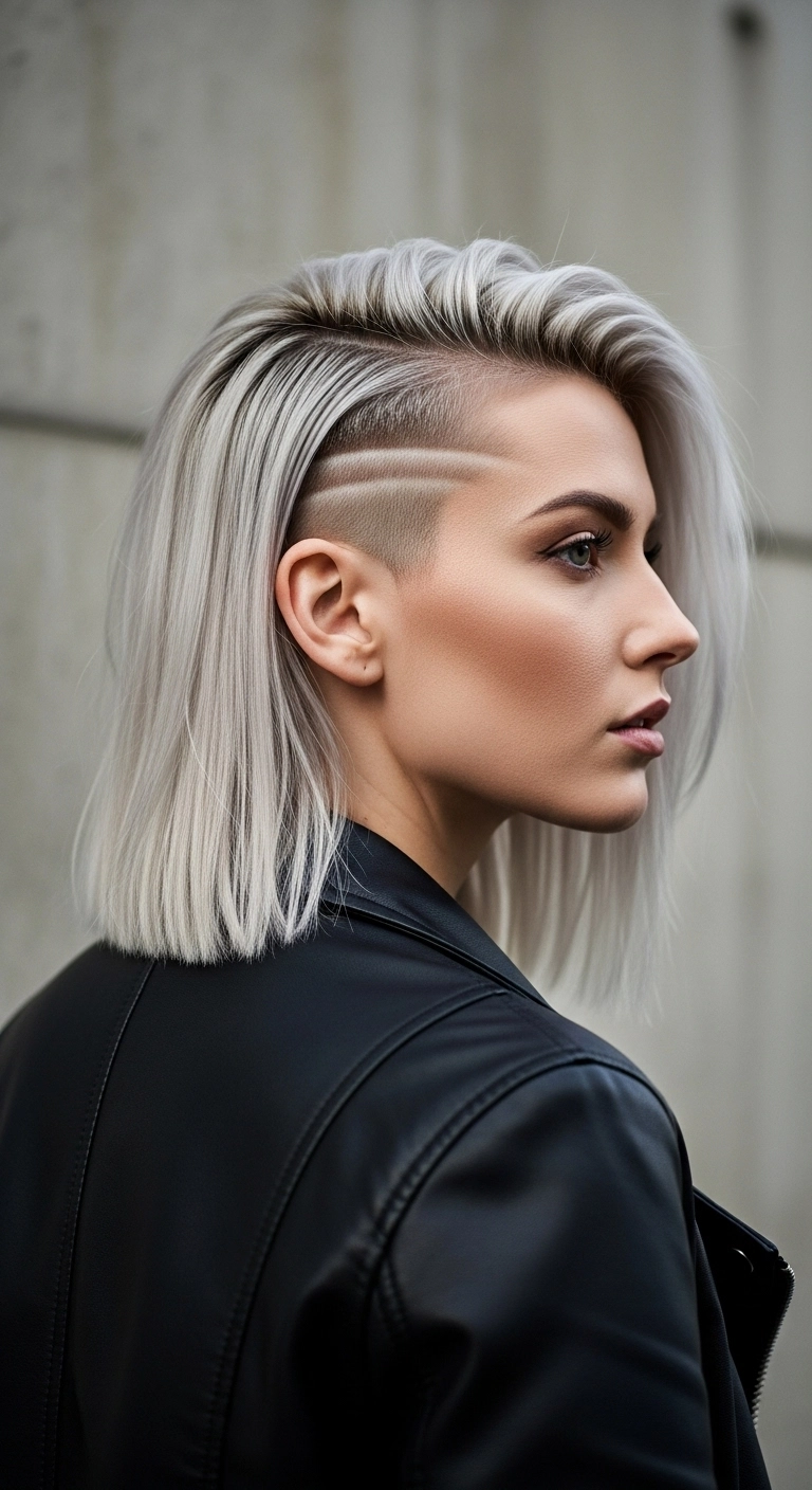 Icy Platinum Blunt Lob with Dual-Stripe Side Undercut