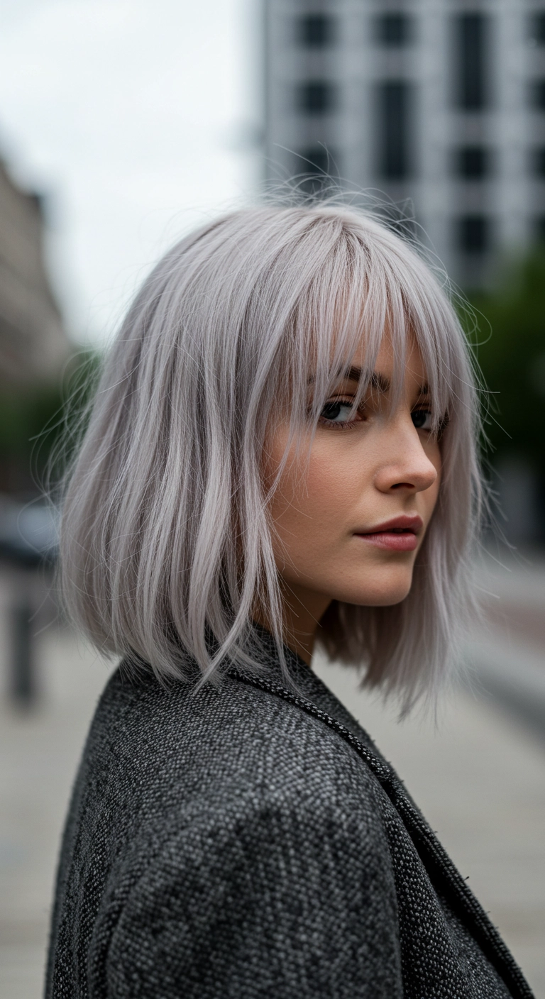 Icy Silver Textured Lob with Wispy Birkin Bangs