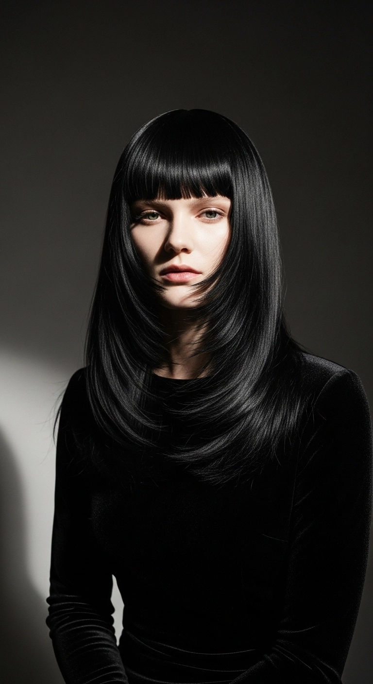 Jet Black Face-Framing C-Cut with Blunt Bangs