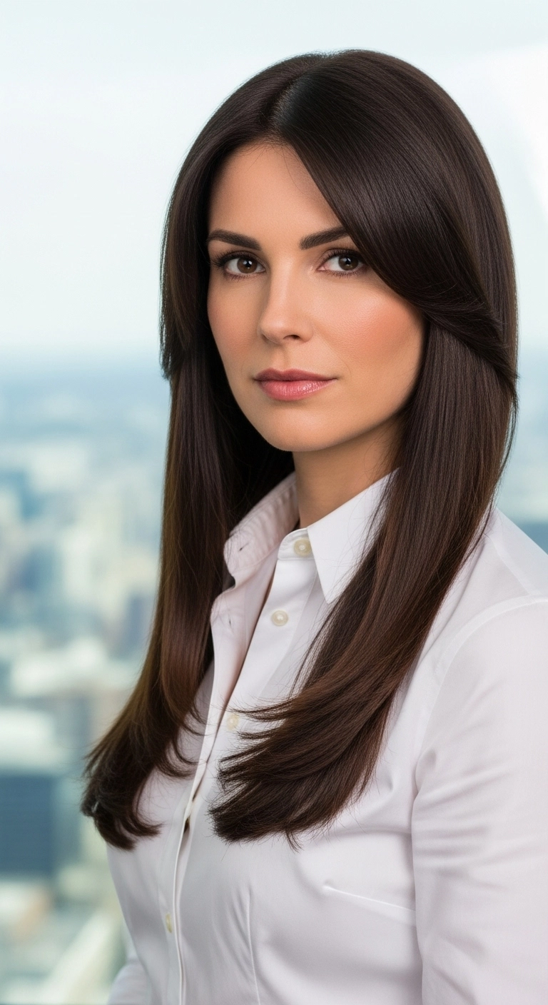 Sleek Dark Espresso Blowout with Face-Framing Layers