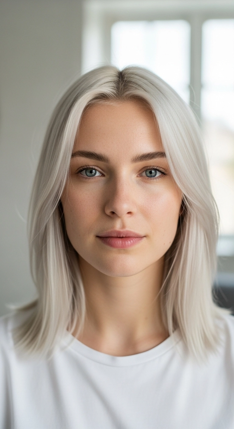 Icy Platinum Blonde Lob with Curtain Bangs