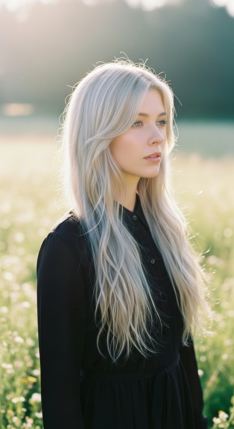 Icy Platinum Extra Long Blowout with Soft Curtain Bangs