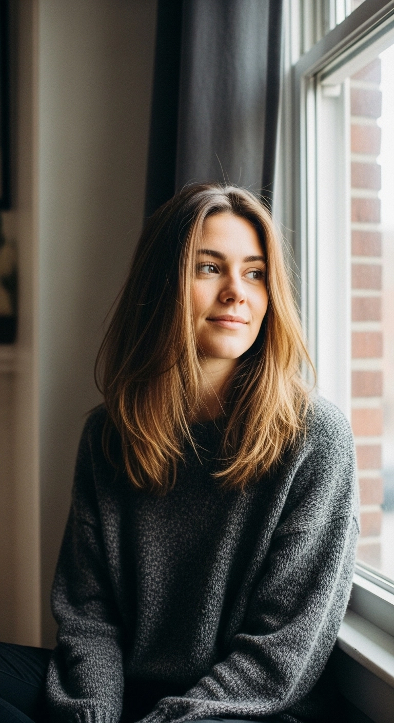 Effortless Layered Long Bob with Honey Balayage