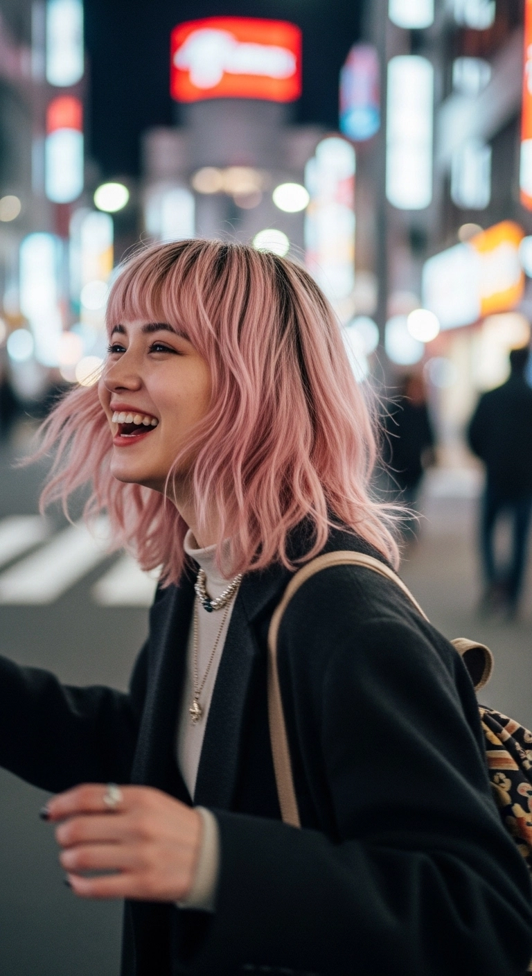 Tousled Pastel Pink Textured Lob with Wispy Bangs