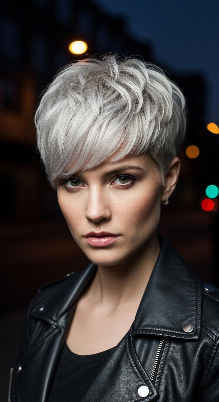 Icy Platinum Textured Pixie Cut with Side-Swept Bangs