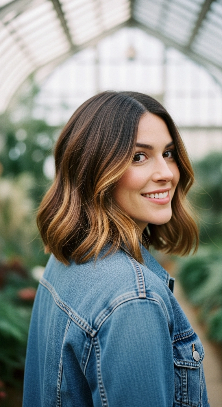 Honey Balayage Wavy Lob for Medium Hair