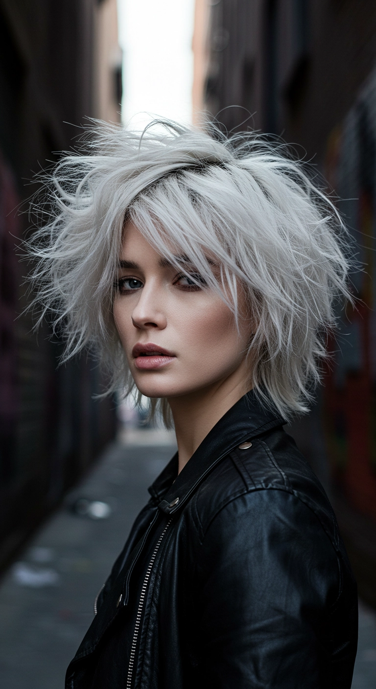 Edgy Icy Platinum Shaggy Bixie Cut