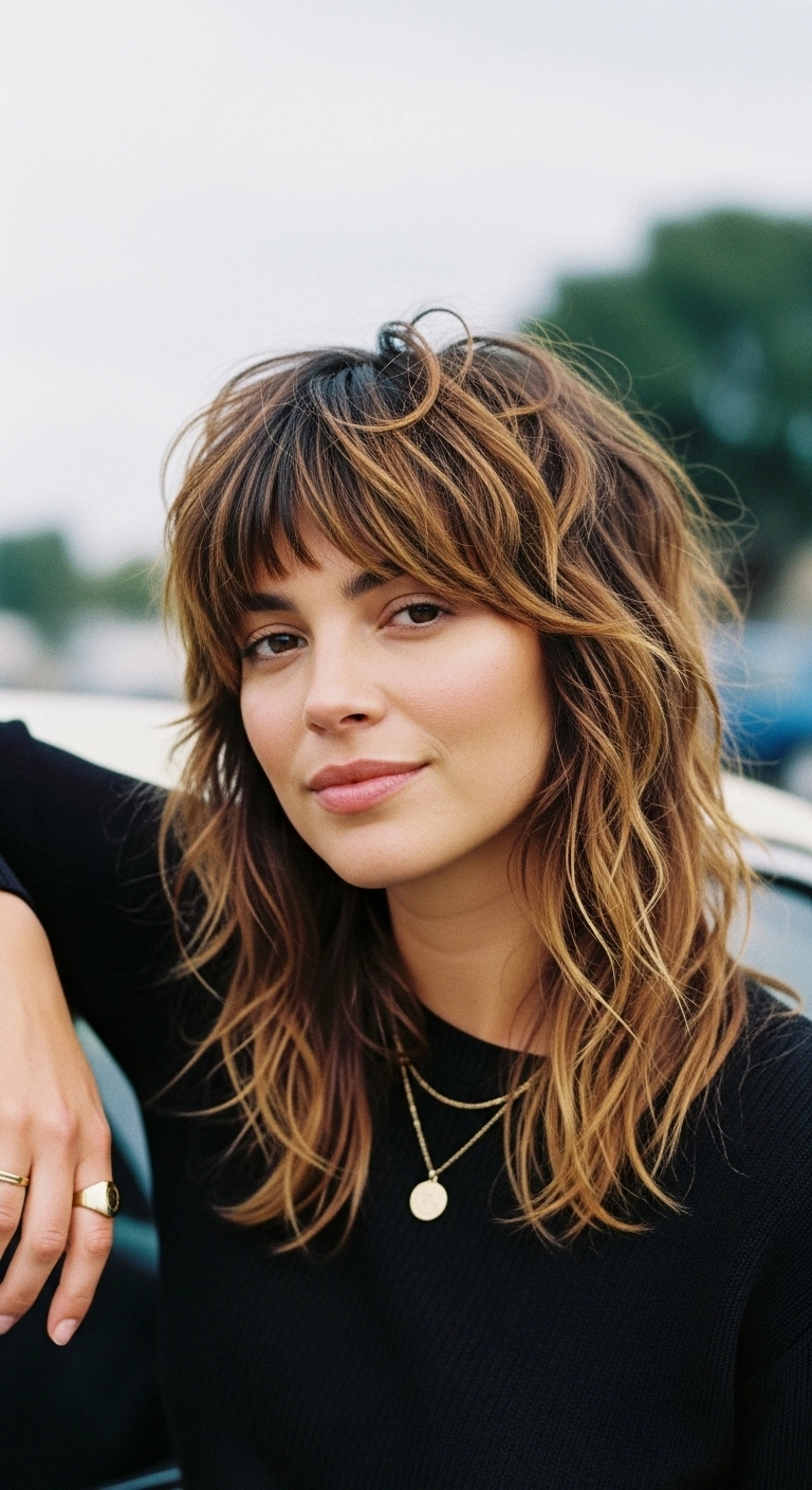 Lived-In Warm Honey Shag with Choppy Fringe
