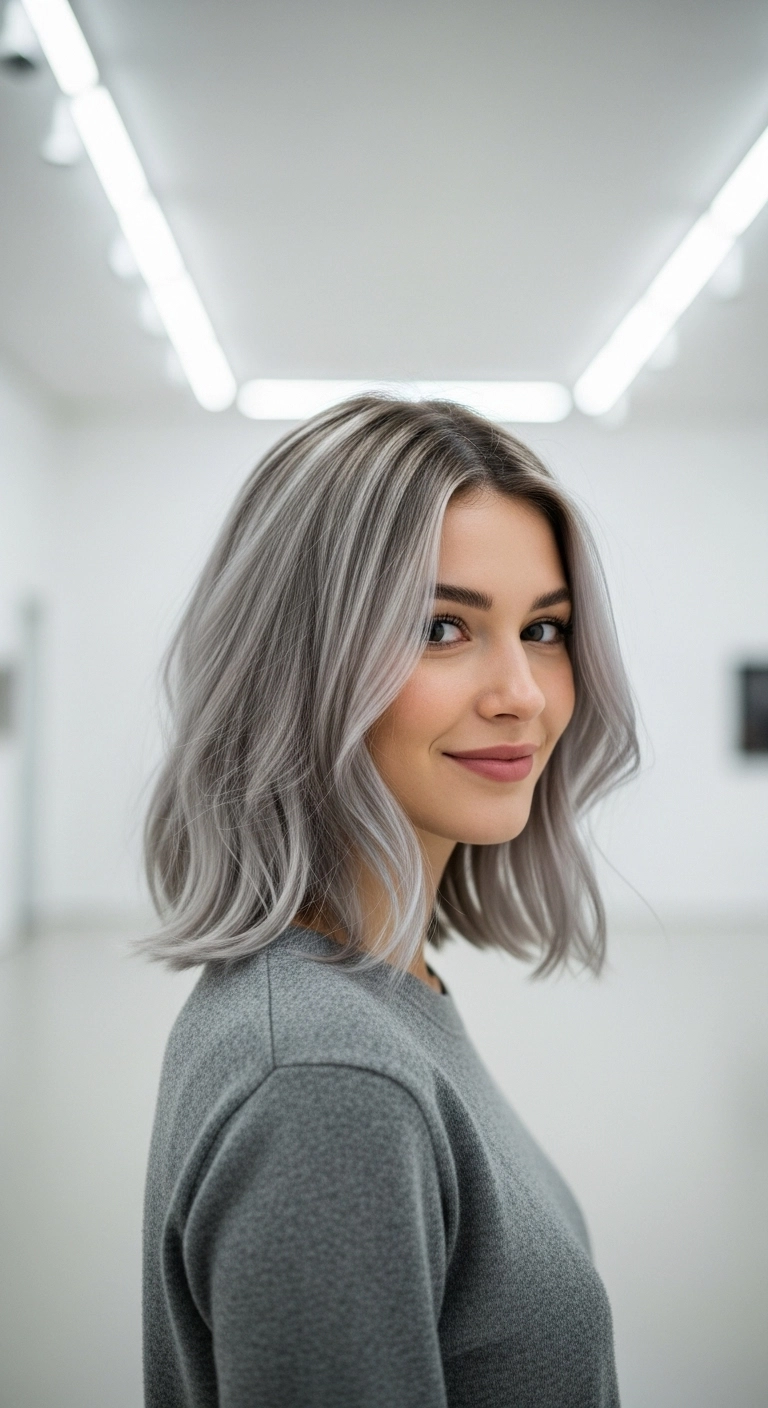 Icy Silver Balayage Lob with Subtle Waves