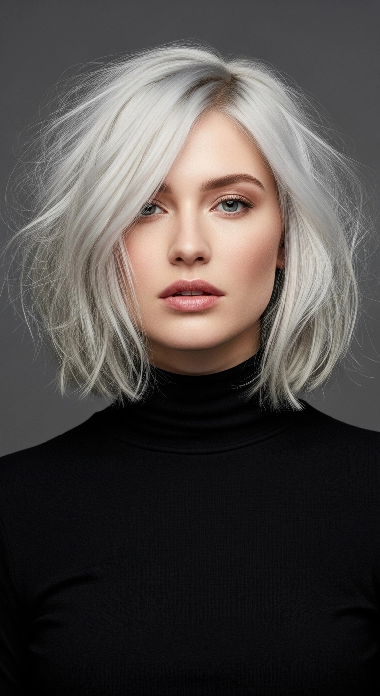 Icy Platinum Textured Lob with Deep Side Part