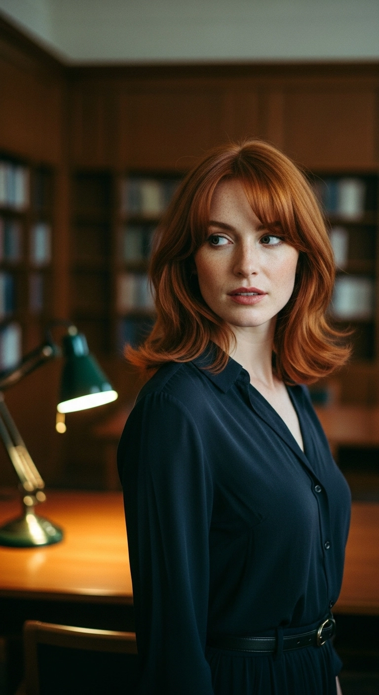 Retro Copper Lob with Flipped Ends and Wispy Bangs