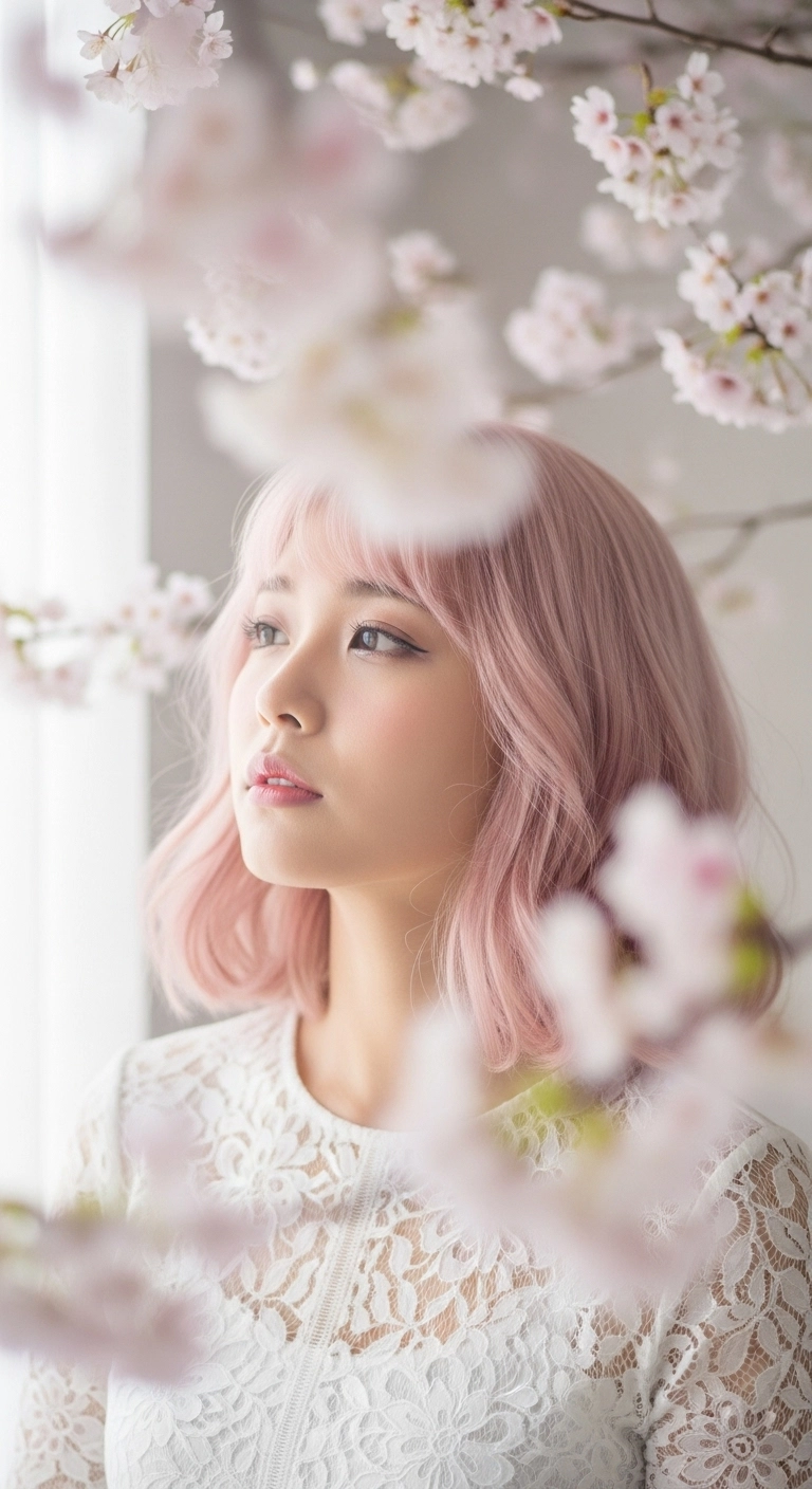 Sakura Pastel Pink Textured Lob with Wispy Bangs