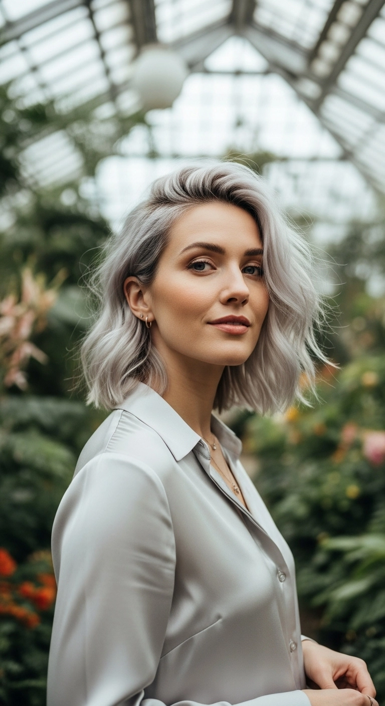 Icy Silver Wavy Lob with Subtle Shadow Root