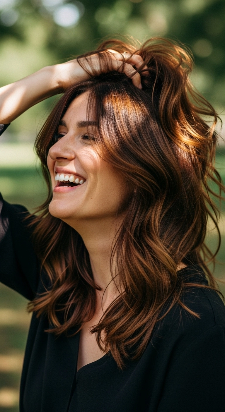 Lived-In Warm Chestnut Brunette Waves with Face-Framing Layers