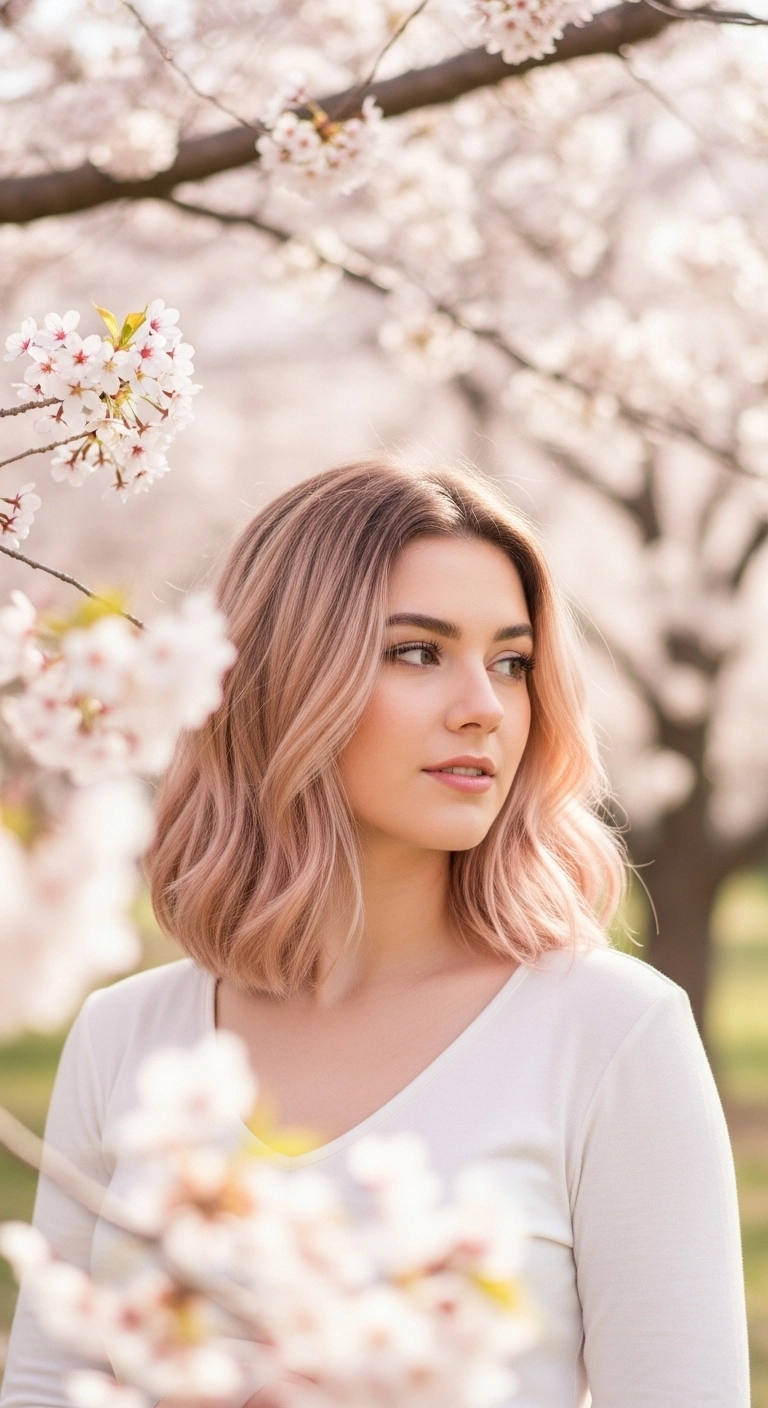 Pastel Rose Gold Wavy Lob with Shadow Root