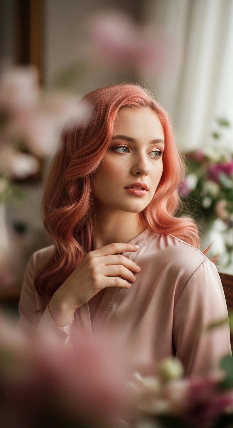 Romantic Rose Gold Blowout Waves with Face-Framing Layers