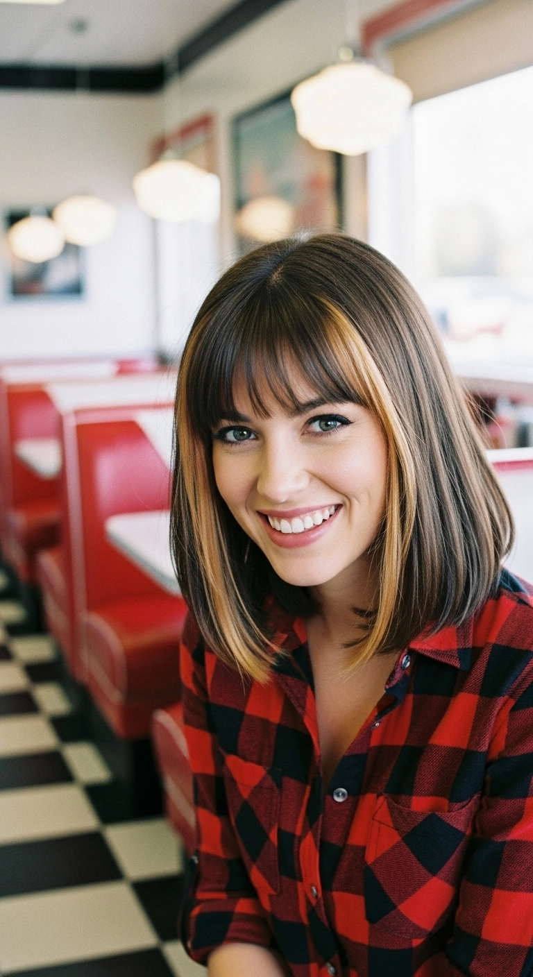Dark Brown Collarbone Lob with Honey Blonde Money Piece and Bangs