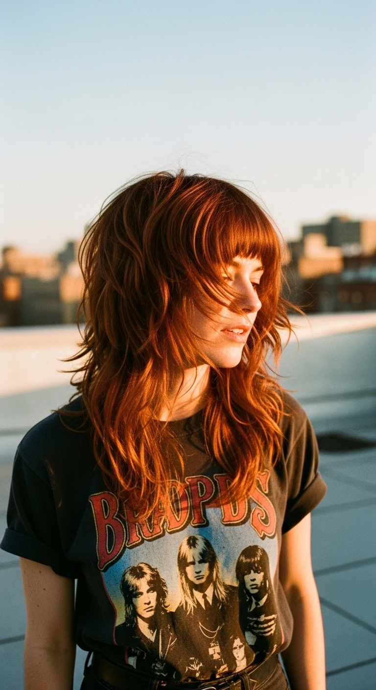 Lived-In Copper Wolf Cut Shag with Choppy Fringe