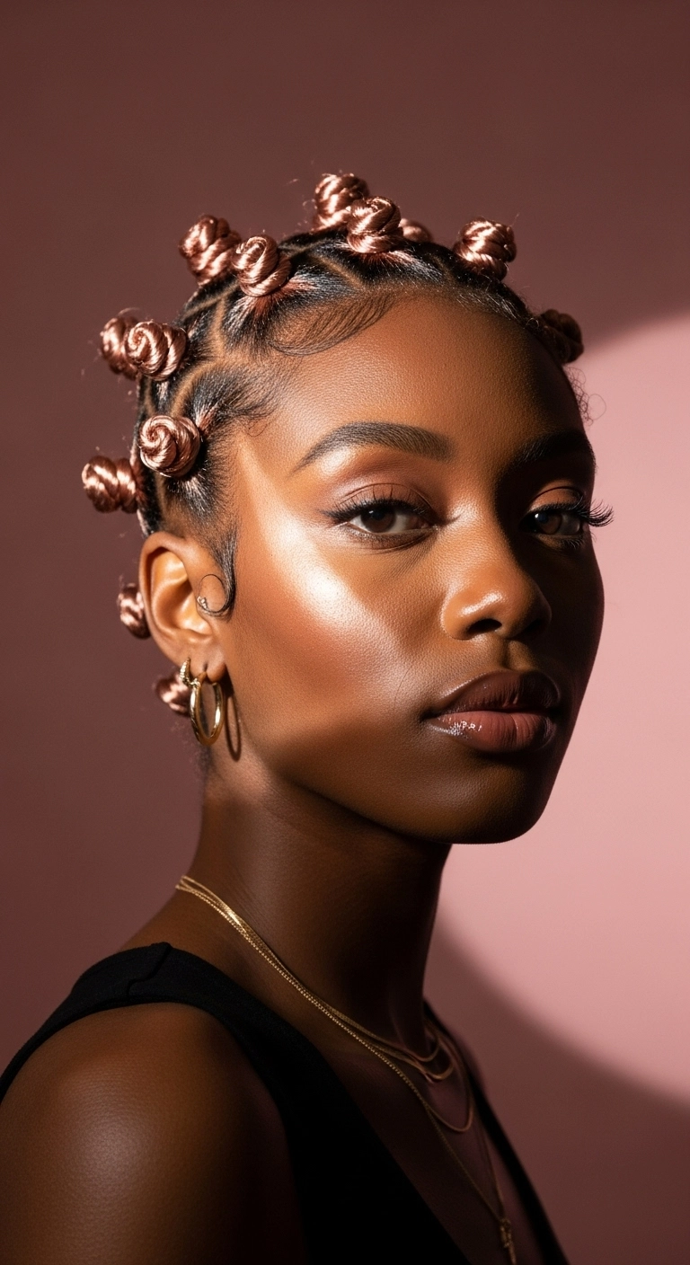 Sculpted Rose Gold Metallic Bantu Knots with Swooped Edges