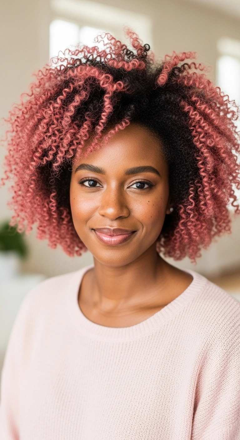 Dusty Rose Ombre Curls on Defined Natural Afro Bob