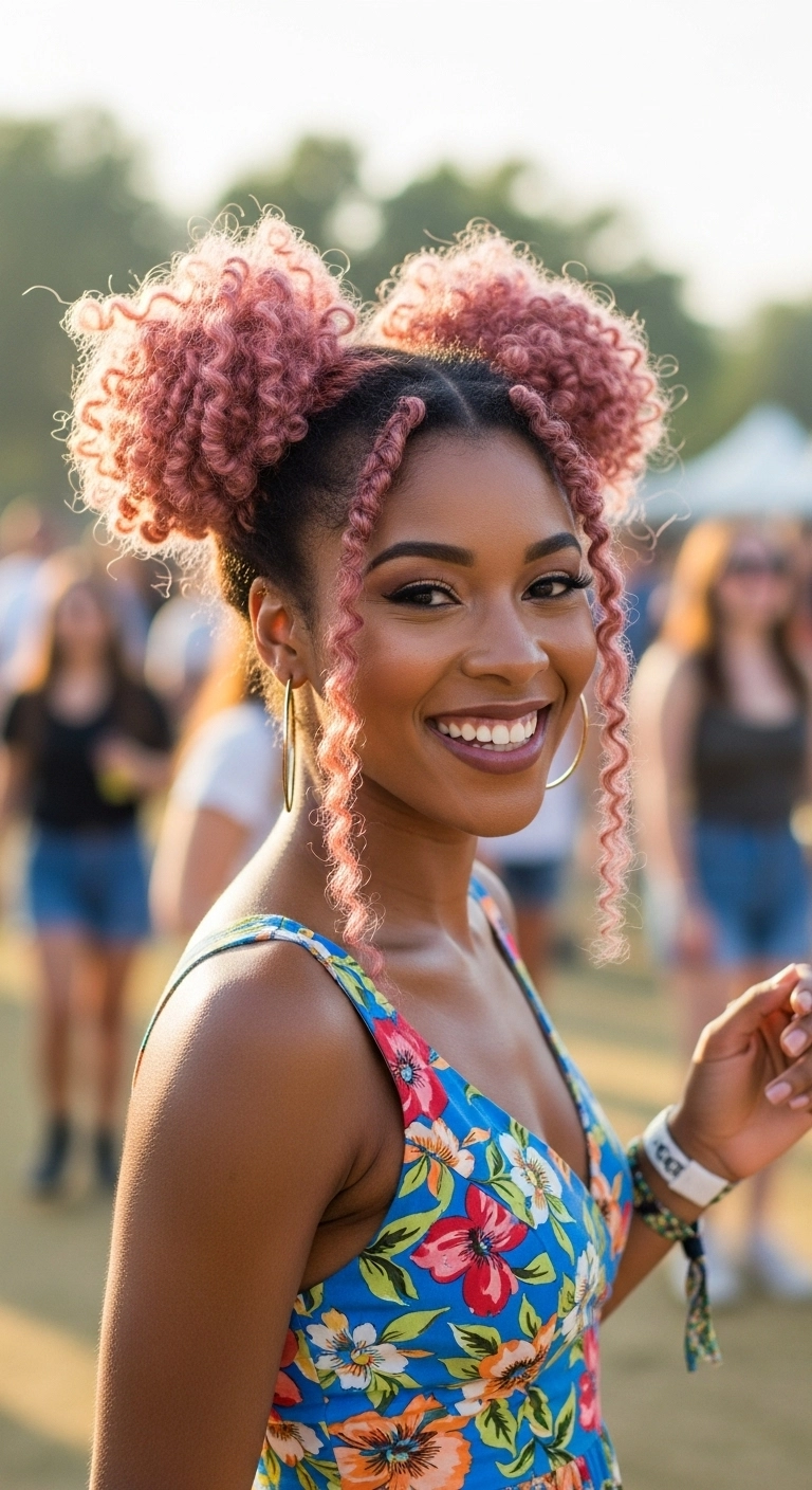 Pastel Rose Gold Curly Space Buns with Face-Framing Tendrils