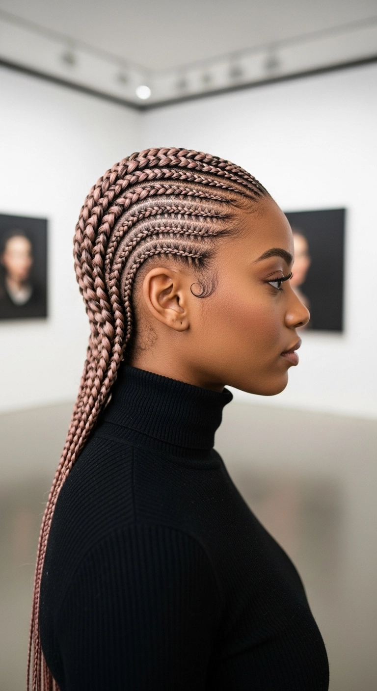 Sculpted Rose Gold Feed-In Cornrows with Sleek Baby Hairs