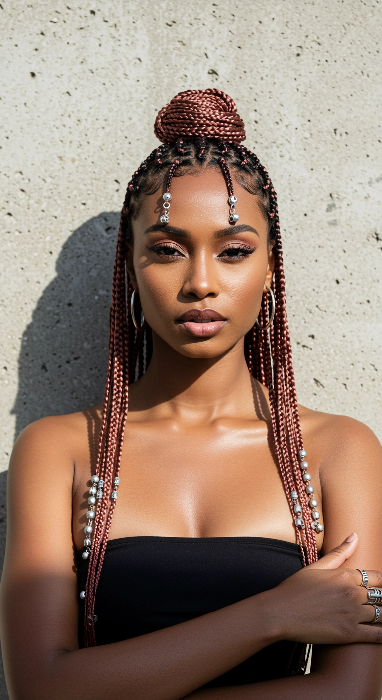 Copper Knotless Box Braids with Top Knot and Silver Beads