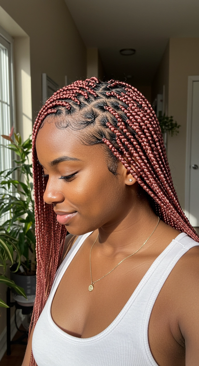 Metallic Rose-Copper Knotless Box Braids with Sleek Edges
