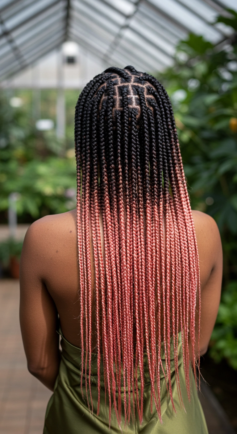 Long Knotless Box Braids with Dusty Rose Ombré