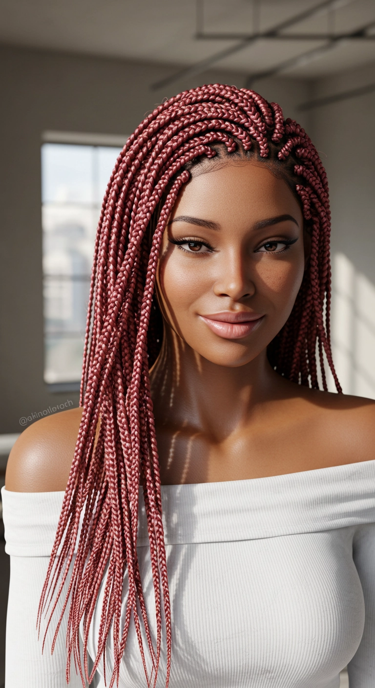 Long Dusty Rose Pink Knotless Box Braids with Laid Edges