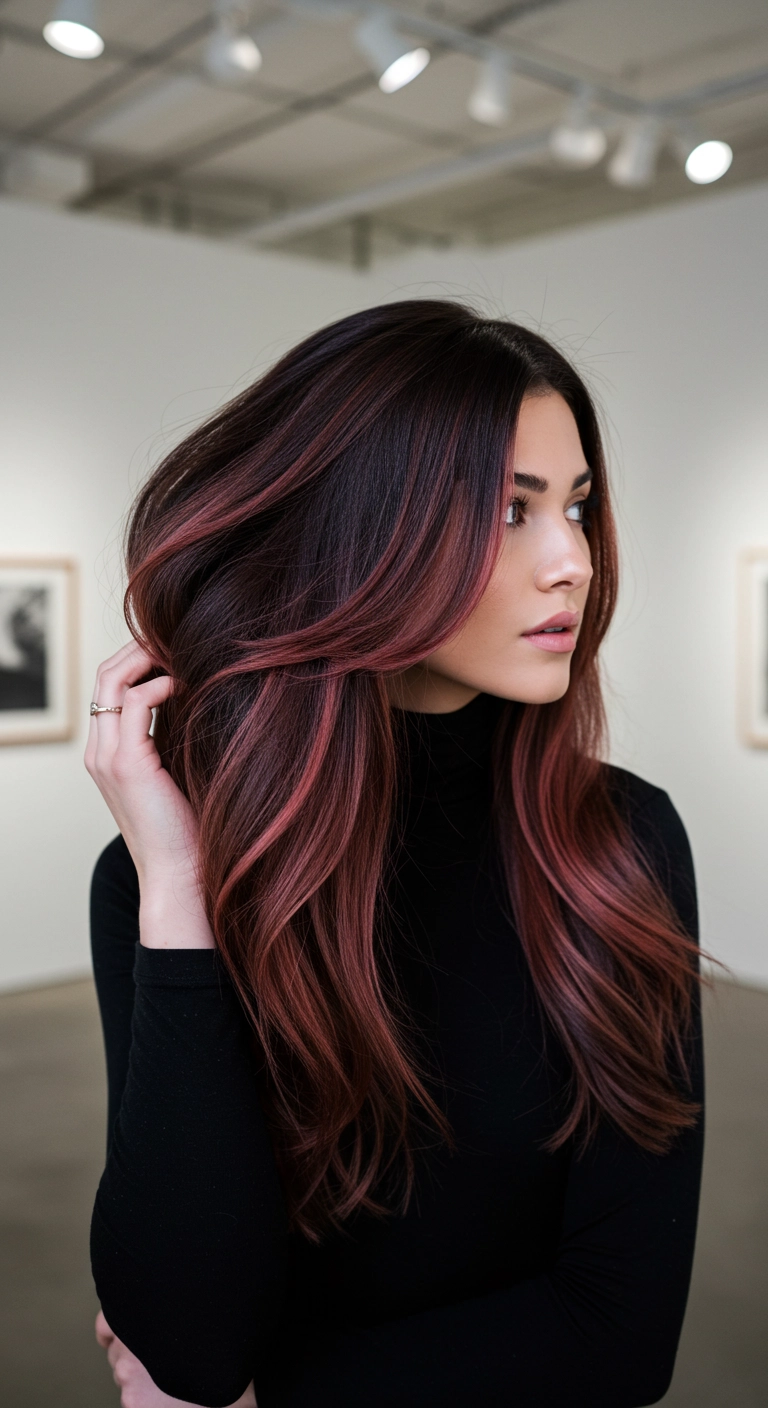 Dusty Rose Balayage on Dark Espresso Blowout Layers