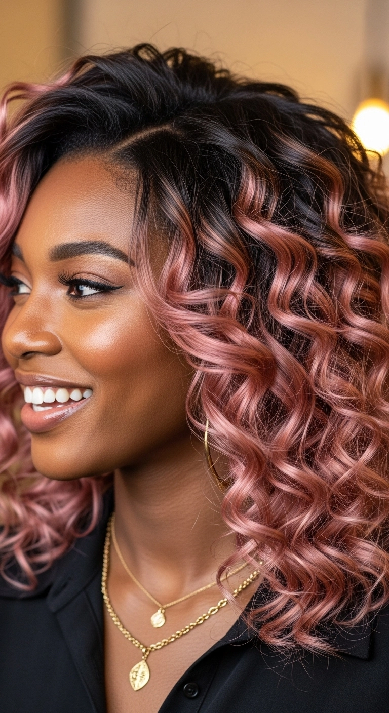 Metallic Rose Gold Ombre Curly Lob with Shadow Root
