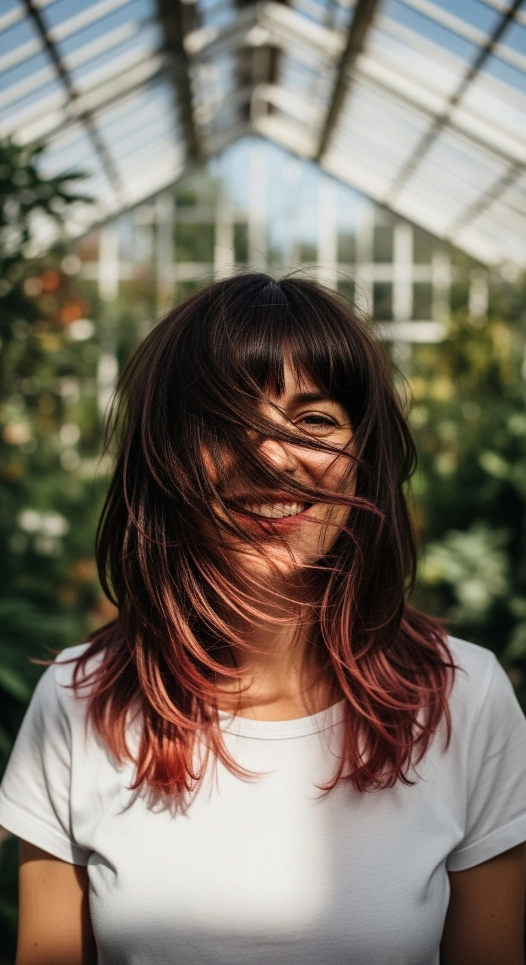 Layered Lob with Full Bangs and Rose Gold Ombre