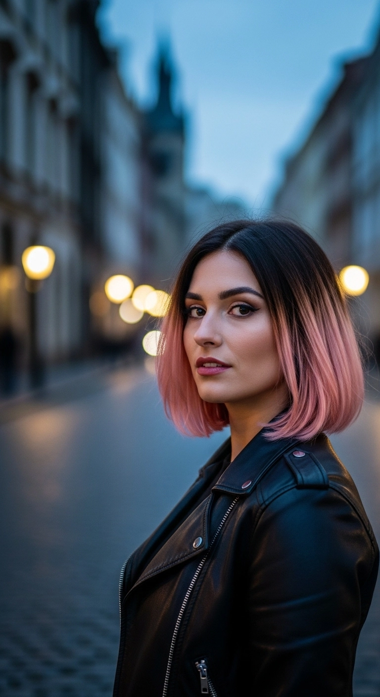 Edgy Dark Shadow Root to Pastel Pink Bob