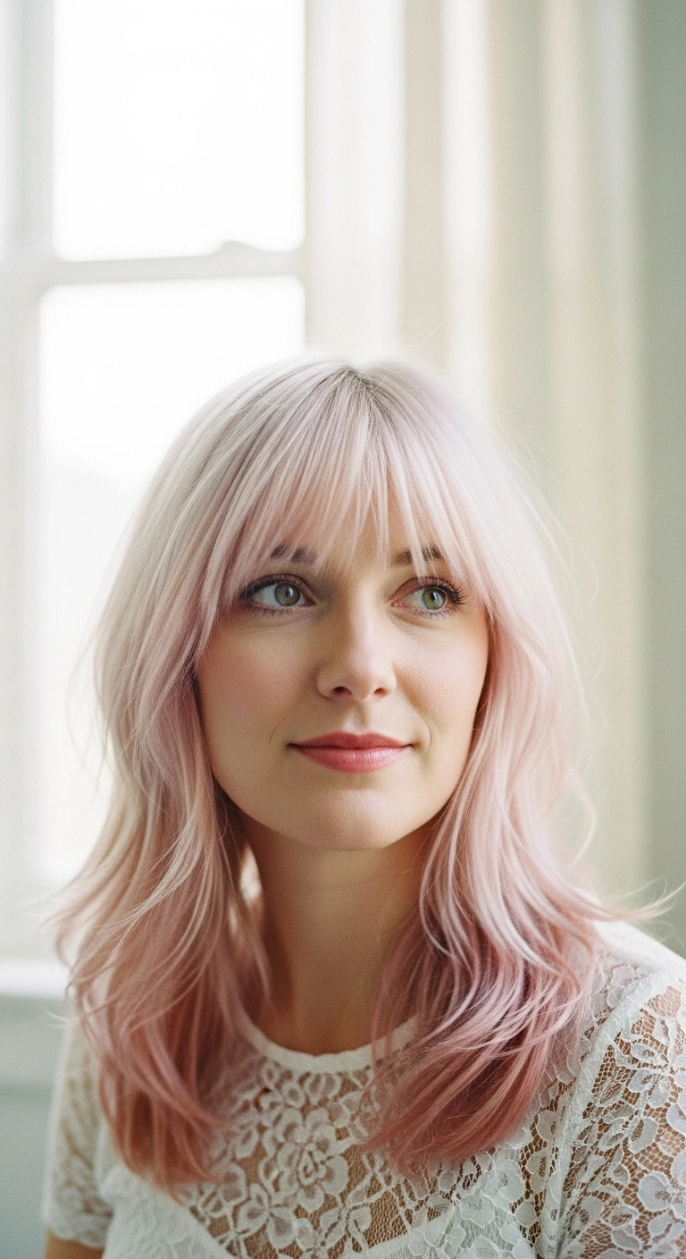 Pastel Blush Pink Feathered Lob with Wispy Bangs