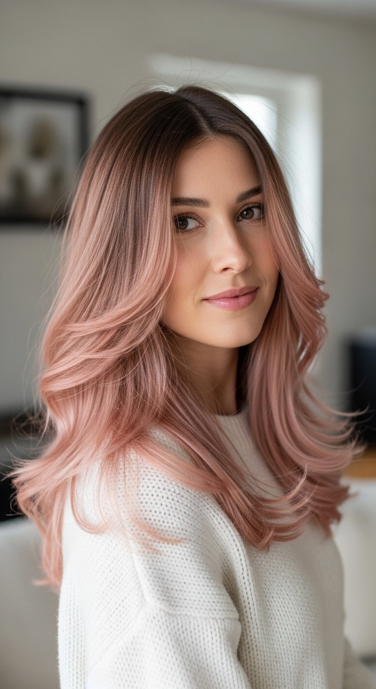 Pastel Rose Gold Root Melt with Feathered Blowout Layers