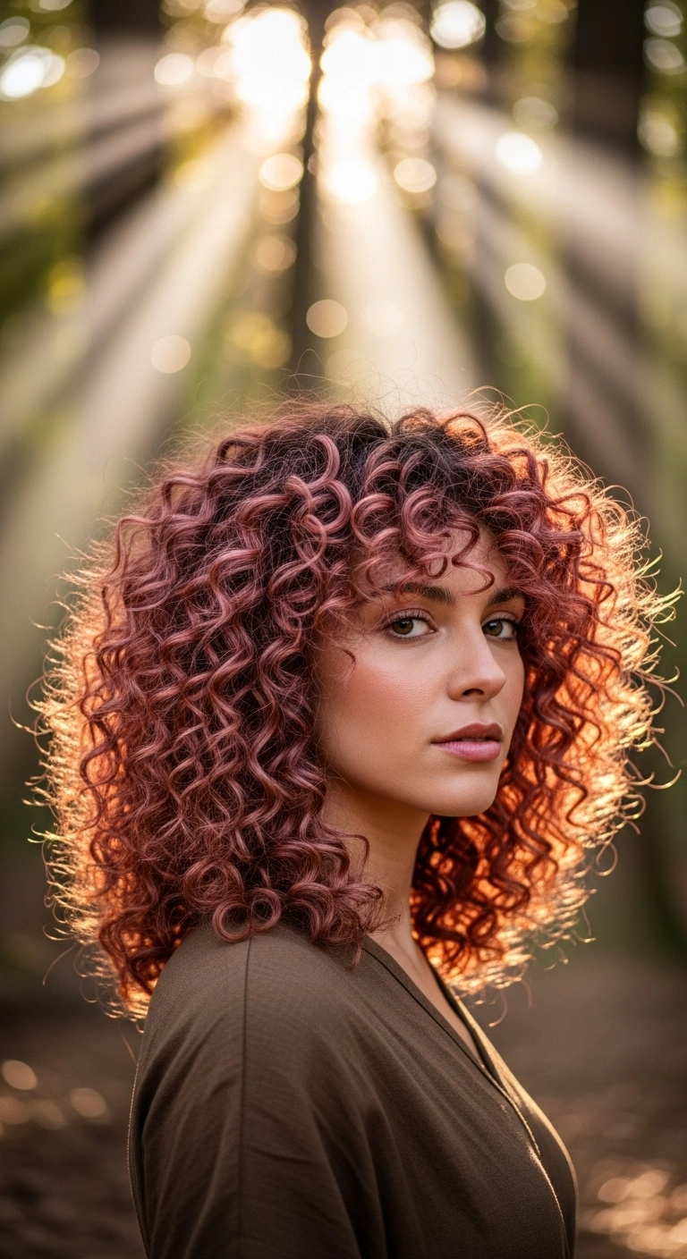 Dusty Rose Gold Curly Shag with Soft Ringlet Bangs