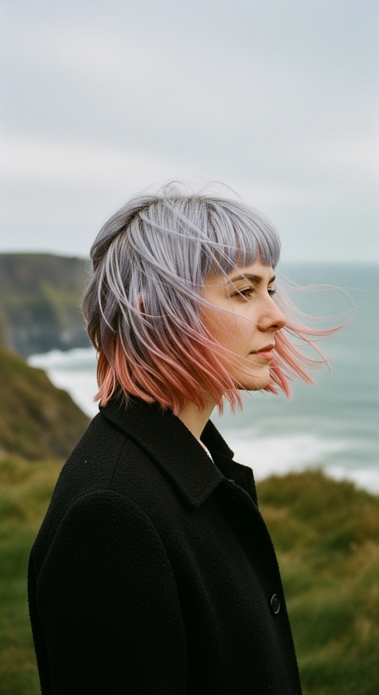 Silver-Lilac Textured Bob with Peach Ombre and Baby Bangs