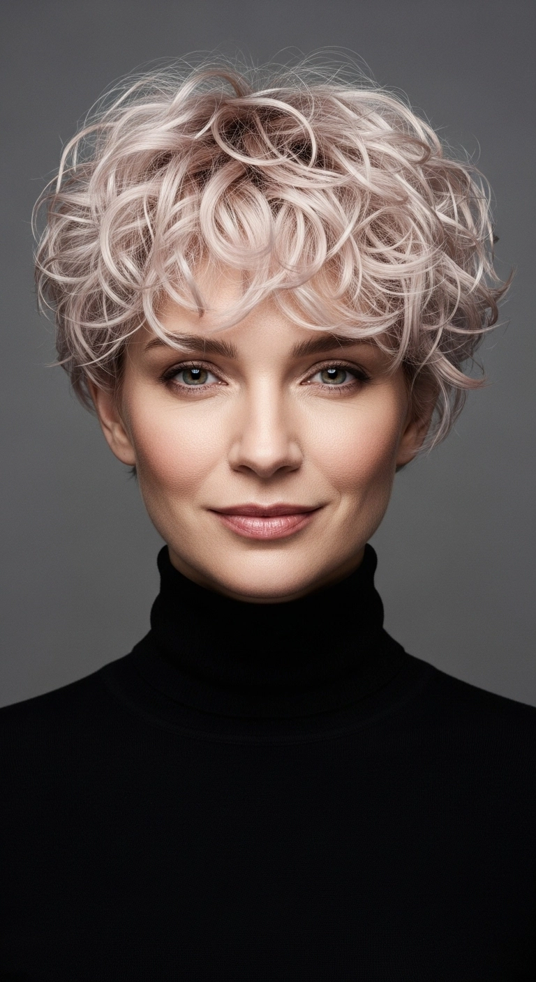 Tousled Icy Blonde Curly Pixie Cut